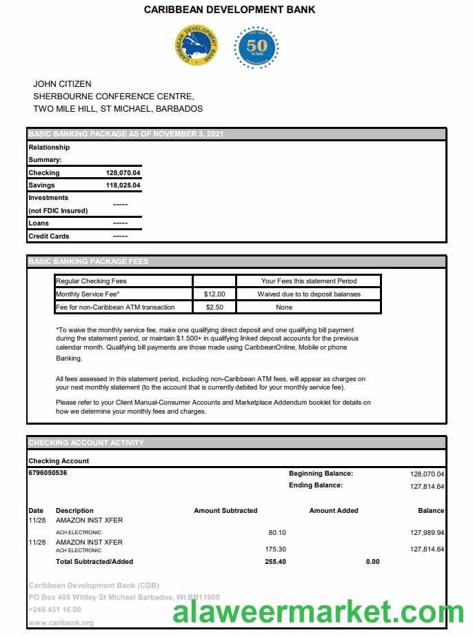 Barbados Caribbean Development bank statement easy to fill template in .xls and .pdf file format